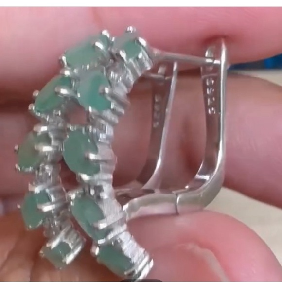 Emeralds and CZ set in Sterling Silver 1” pierced  earrings - Picture 2 of 5